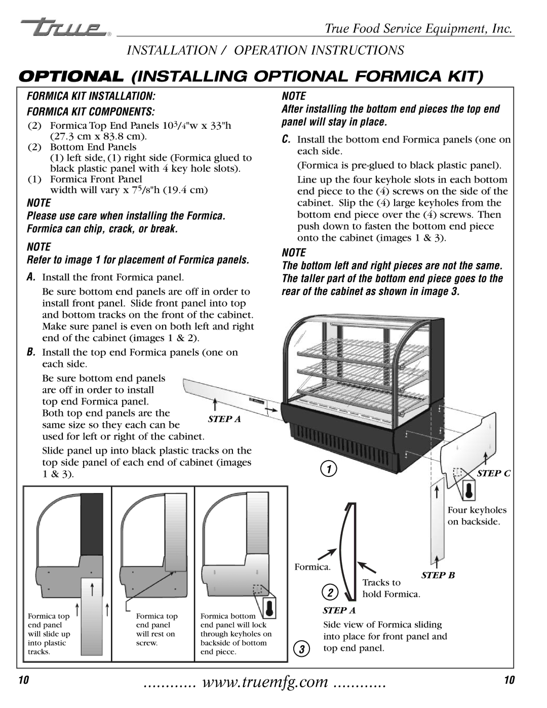 True Manufacturing Company TCGD-50 installation manual Optional Installing Optional Formica KIT 