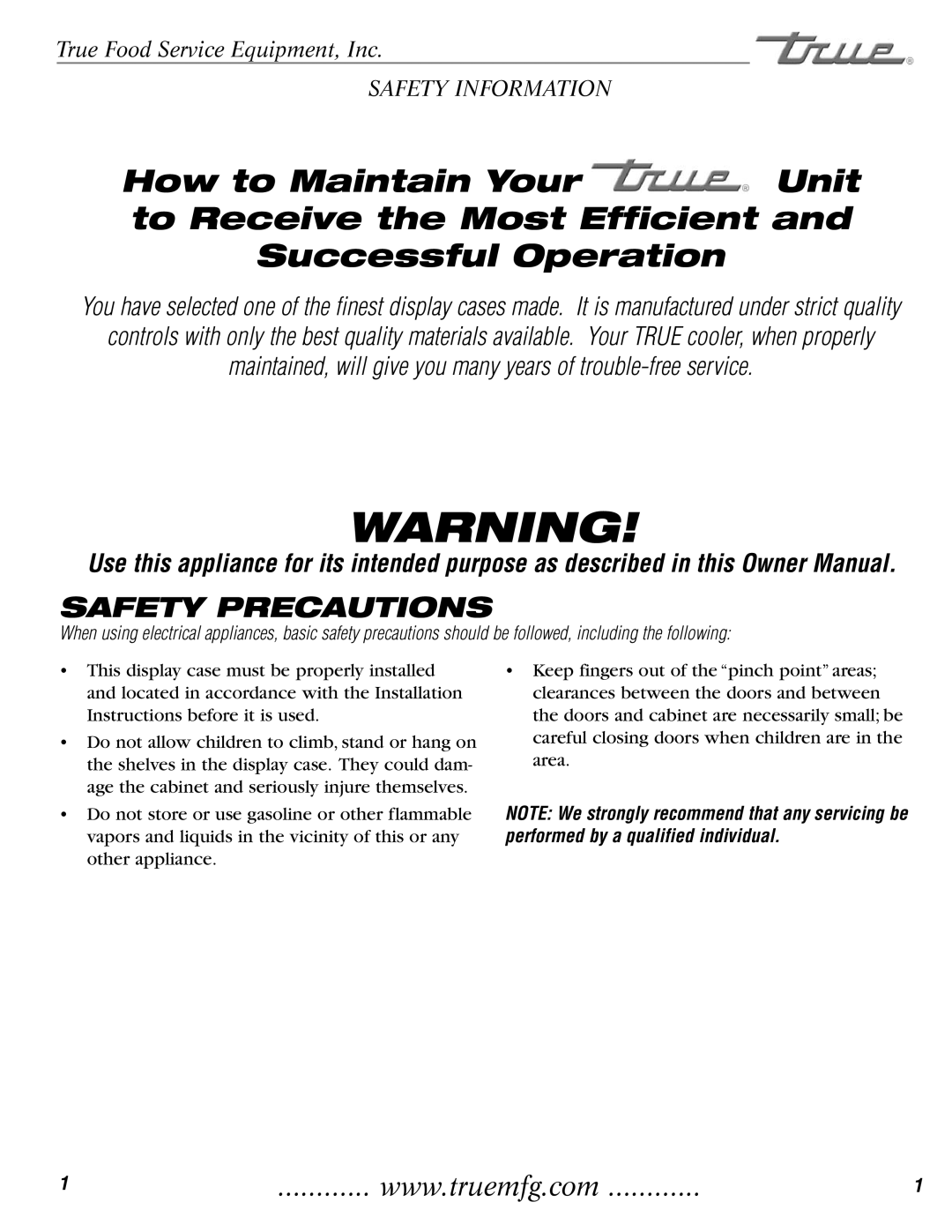 True Manufacturing Company TCGD-50 installation manual Safety Precautions 