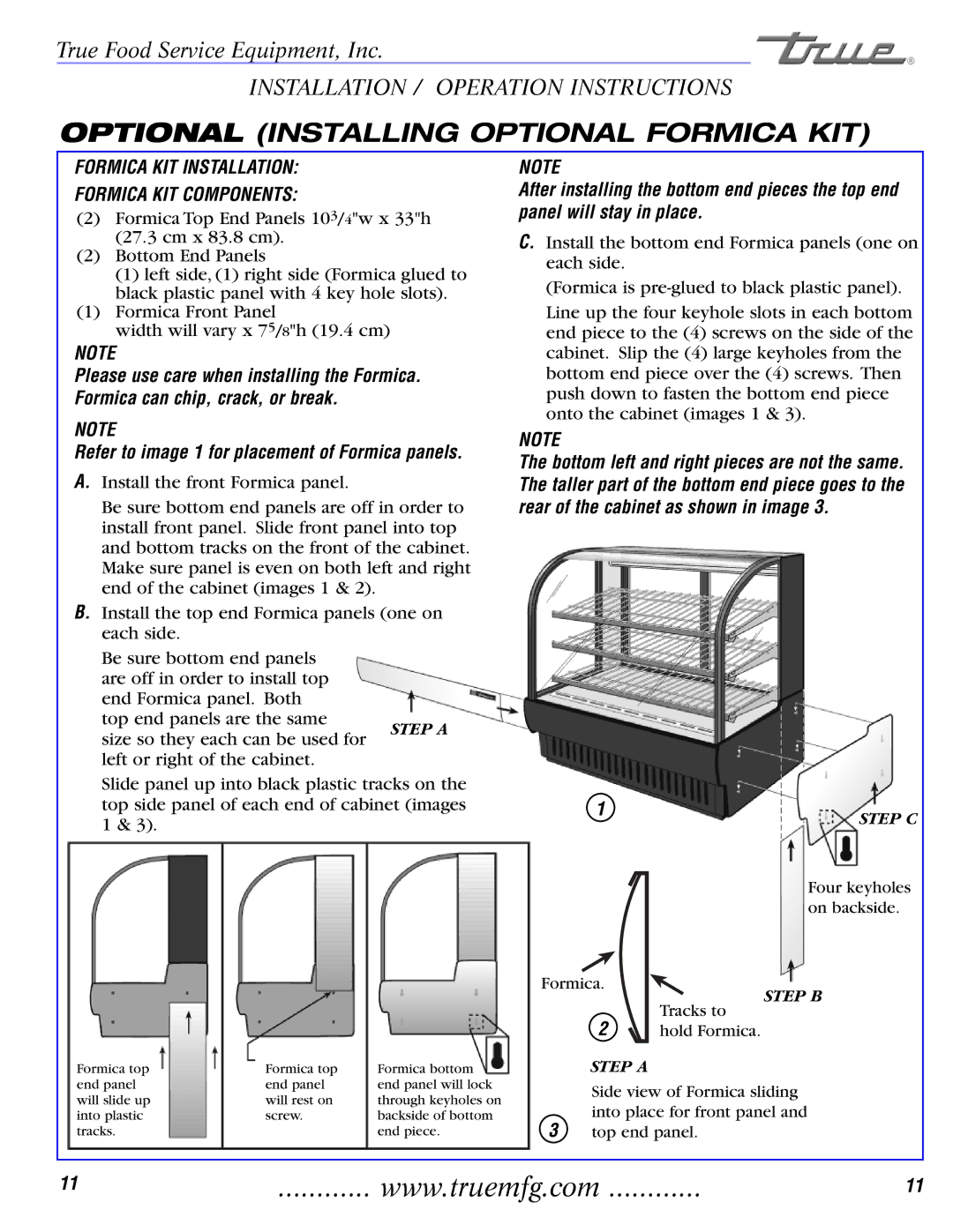 True Manufacturing Company TCGDZ-50 installation manual Optional Installing Optional Formica KIT 