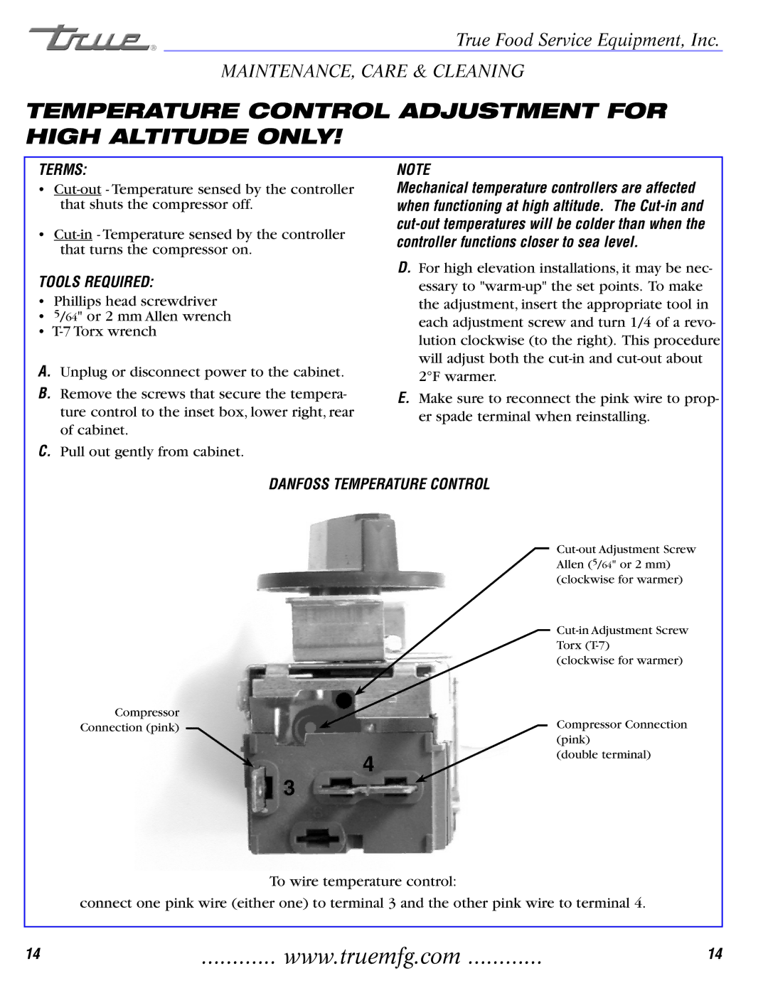 True Manufacturing Company TCGDZ-50 installation manual Temperature Control Adjustment for High Altitude only, Terms 