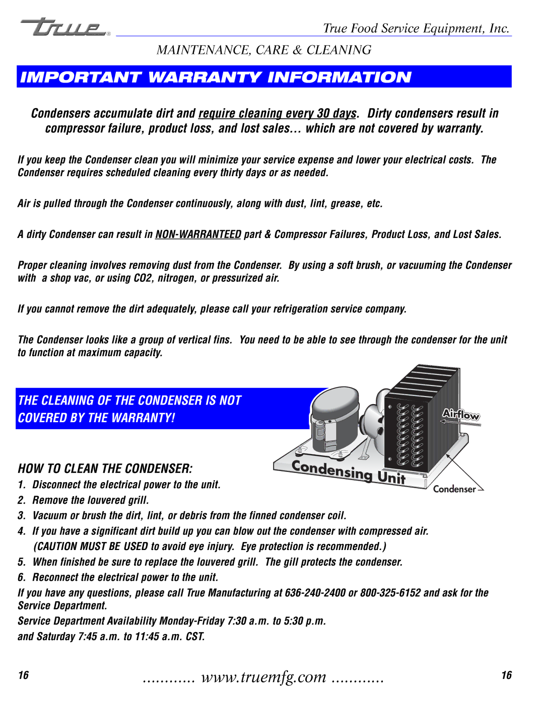 True Manufacturing Company TCGDZ-50 installation manual Important Warranty Information 