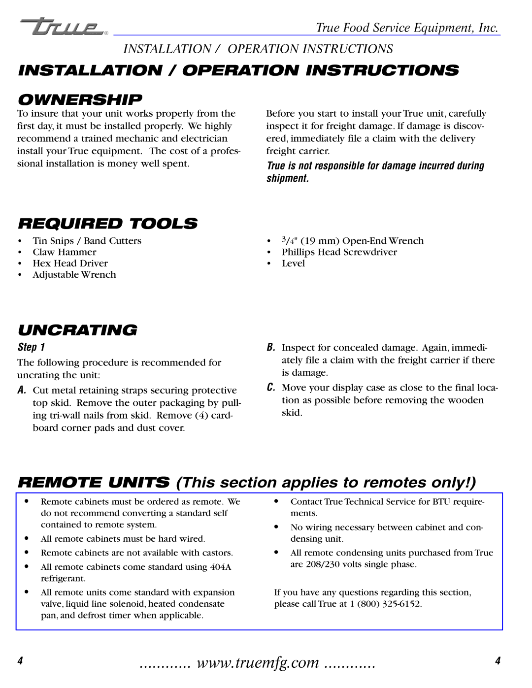 True Manufacturing Company TCGDZ-50 Installation / Operation Instructions Ownership, Required Tools, Uncrating, Step 