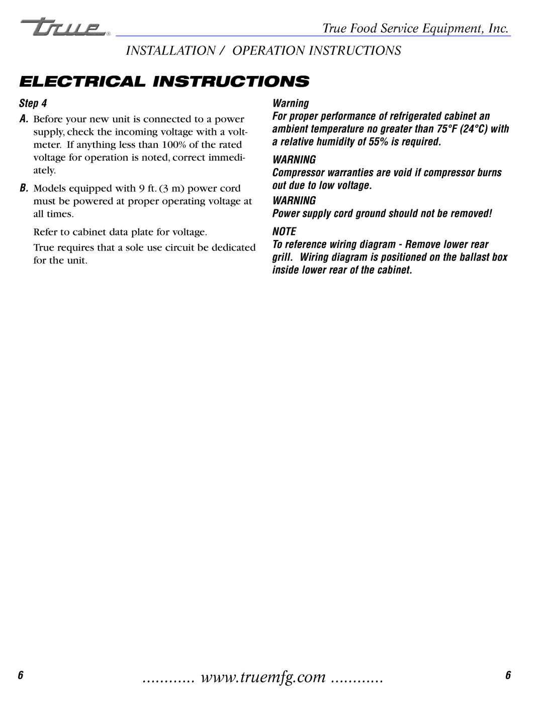 True Manufacturing Company TCGDZ-50 installation manual Electrical Instructions 