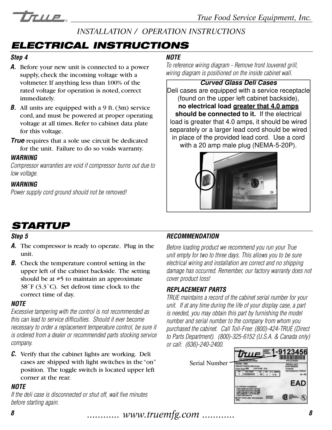 True Manufacturing Company TCGG-72-S, TCGG-48-S installation manual Electrical Instructions, Startup 