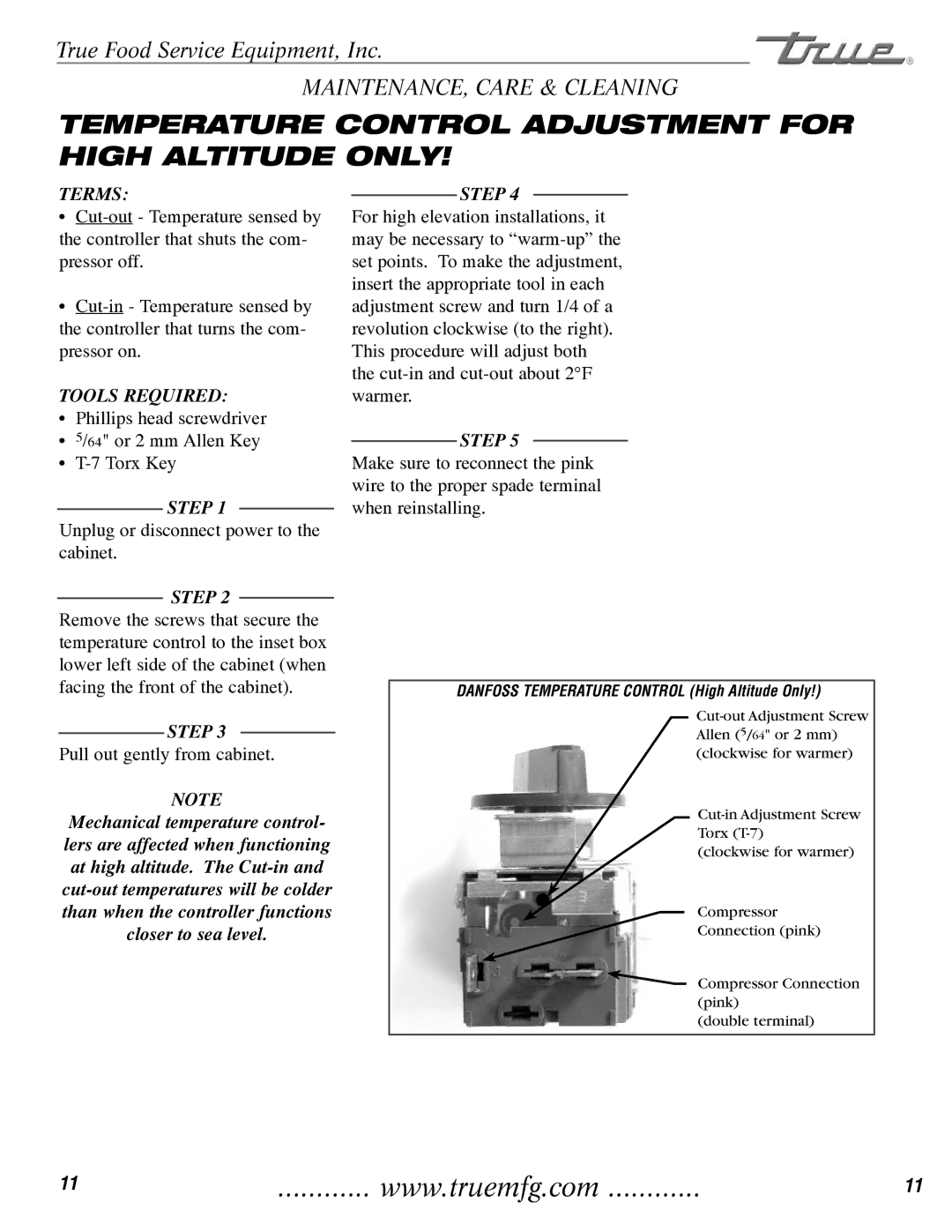 True Manufacturing Company TCGG-48-S, TCGG-72-S Temperature Control Adjustment for High Altitude only, Terms 