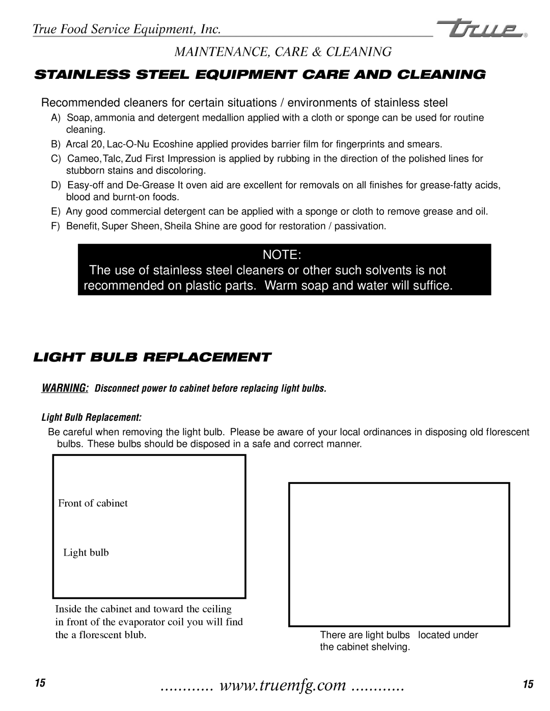 True Manufacturing Company TCGG-48-S, TCGG-72-S installation manual Light Bulb Replacement 