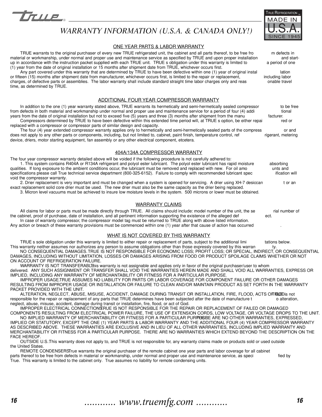 True Manufacturing Company TCGG-72-S, TCGG-48-S installation manual Warranty Information U.S.A. & Canada ONLY! U.S.A 