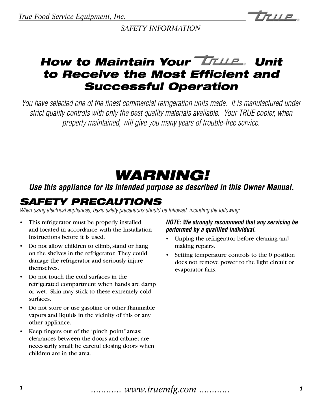 True Manufacturing Company TCGG-48-S, TCGG-72-S installation manual Safety Precautions 