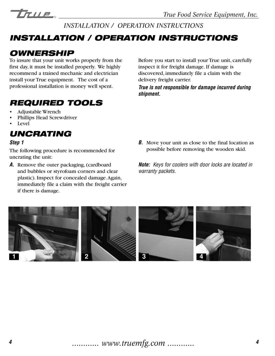 True Manufacturing Company TCGG-72-S Installation / Operation Instructions Ownership, Required Tools, Uncrating, Step 