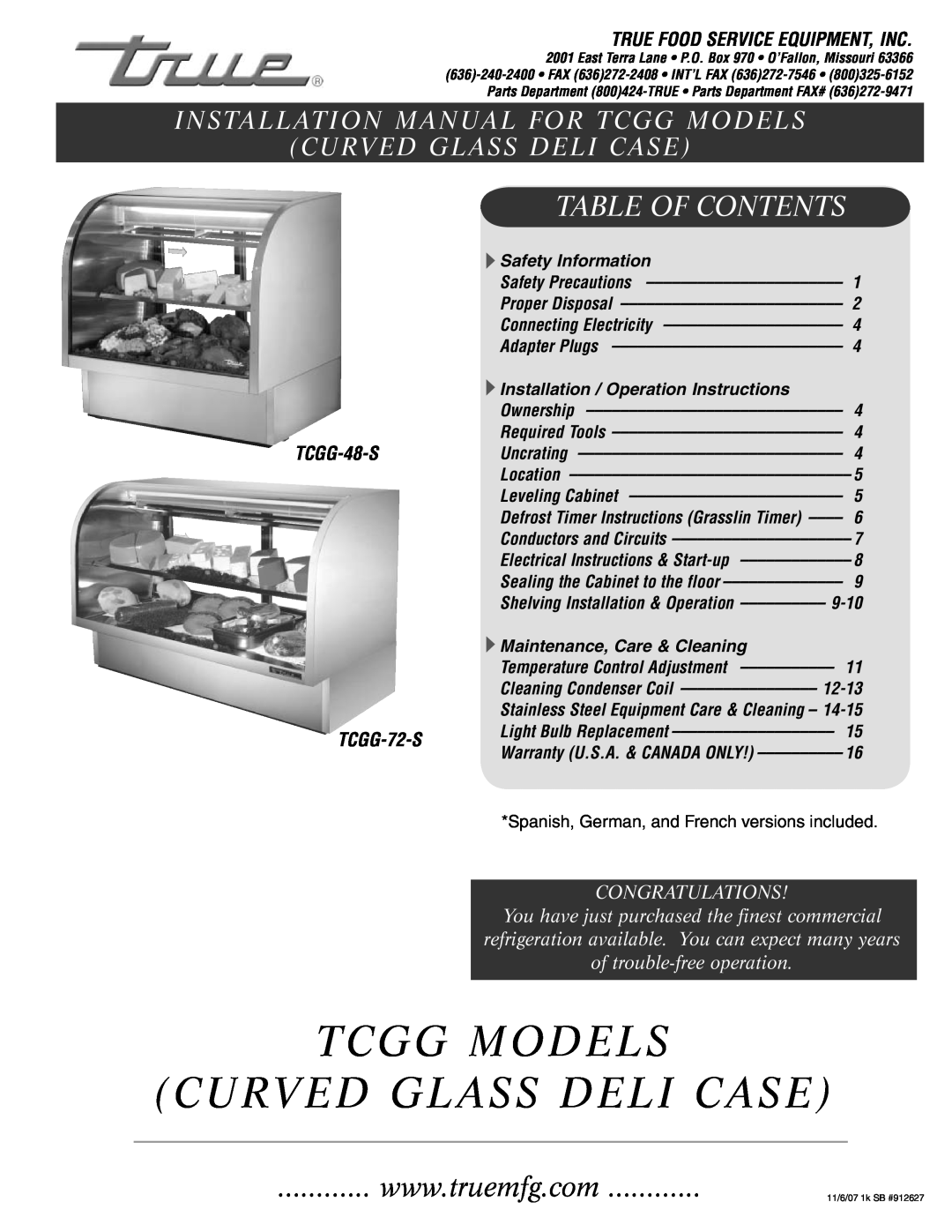 True Manufacturing Company TCGG-48-S, TCGG-72-S installation manual Tcgg Models Curved Glass Deli Case, Table Of Contents 
