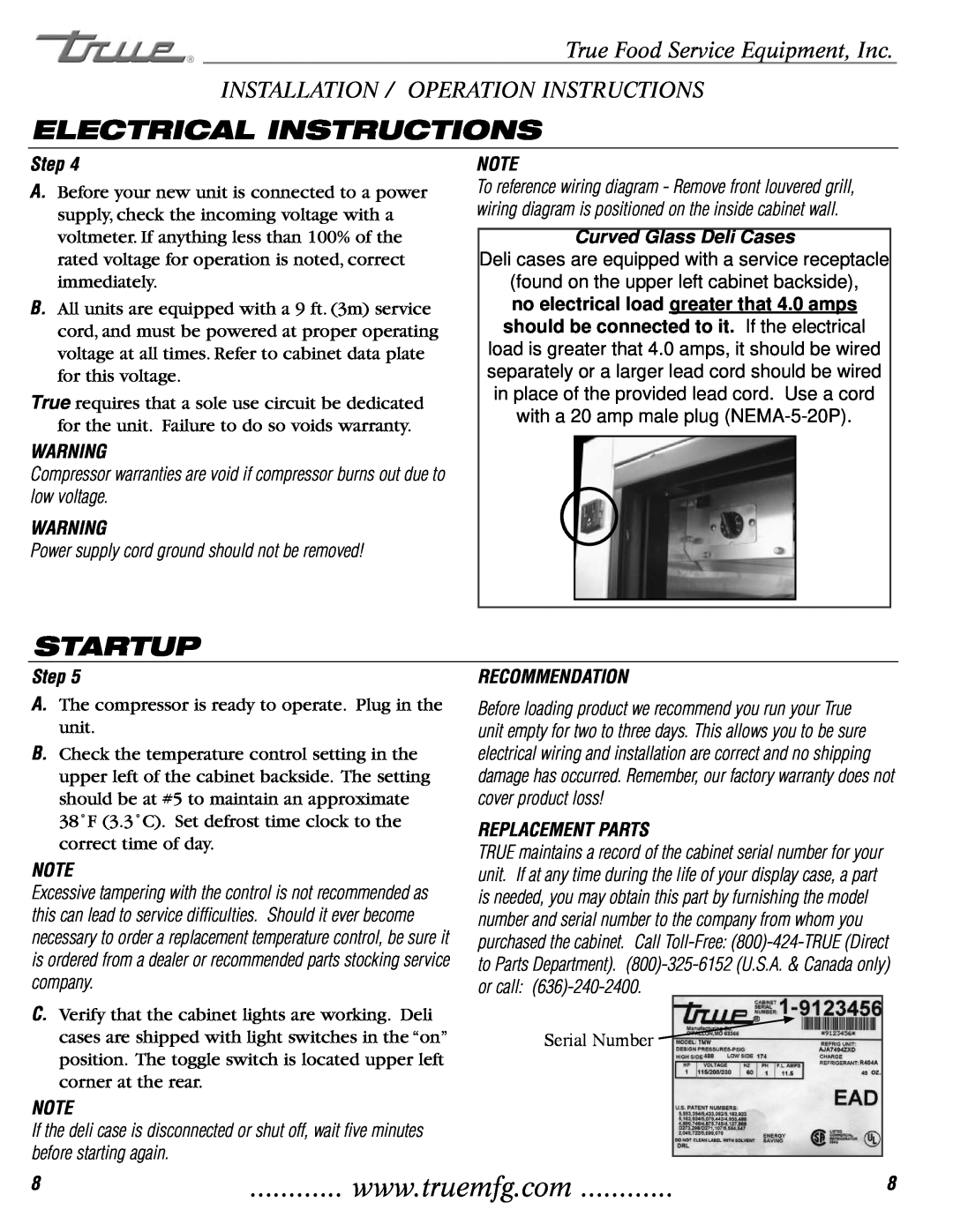 True Manufacturing Company TCGG-72-S, TCGG-48-S Electrical Instructions, Startup, True Food Service Equipment, Inc, Step 