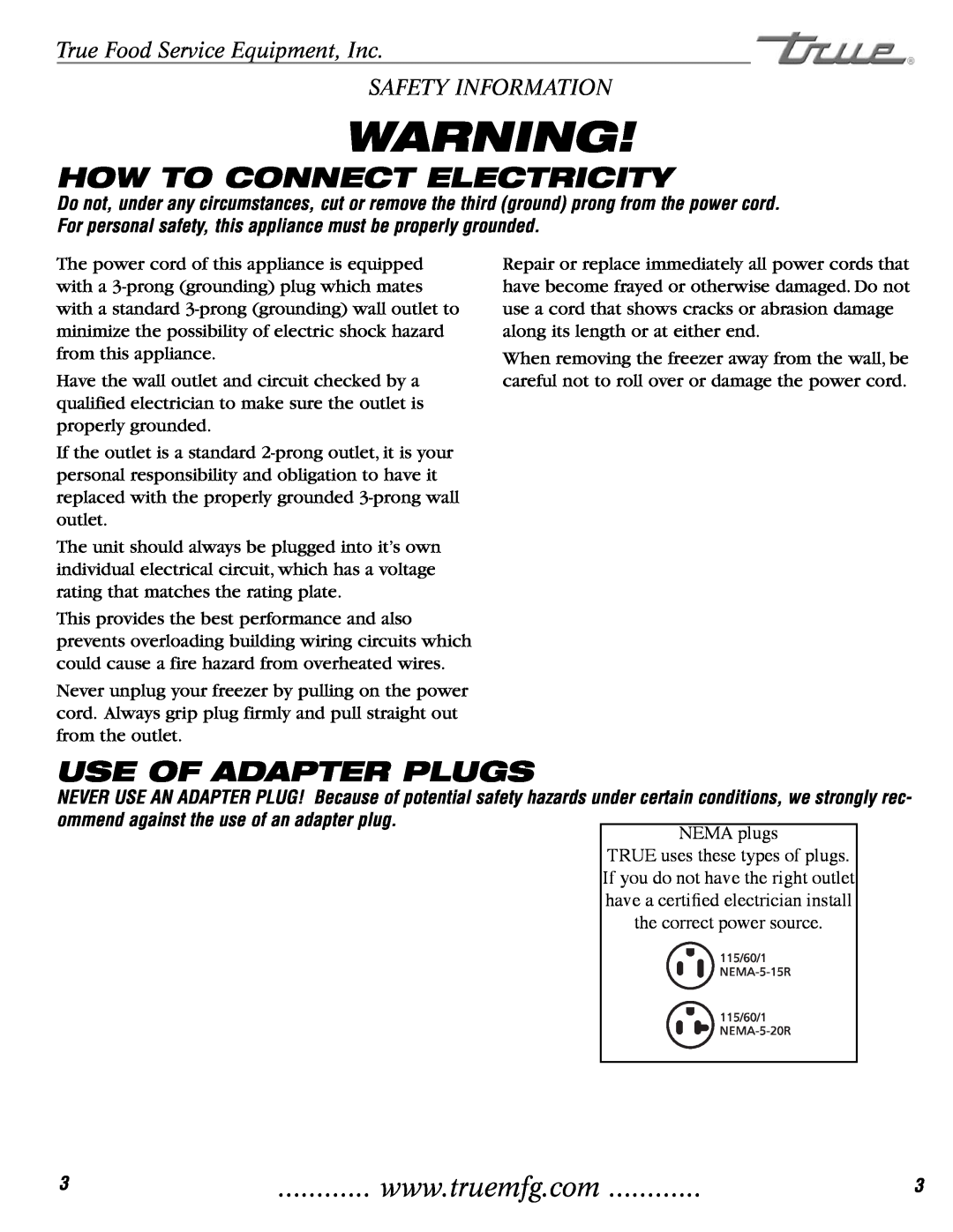 True Manufacturing Company TCGG-48-S How To Connect Electricity, True Food Service Equipment, Inc SAFETY INFORMATION 
