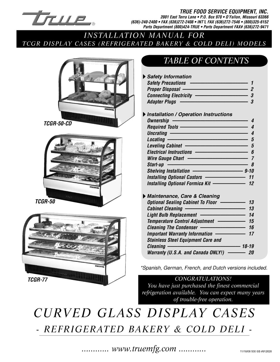 True Manufacturing Company TCGR-50-CD installation manual Curved Glass Display Cases 