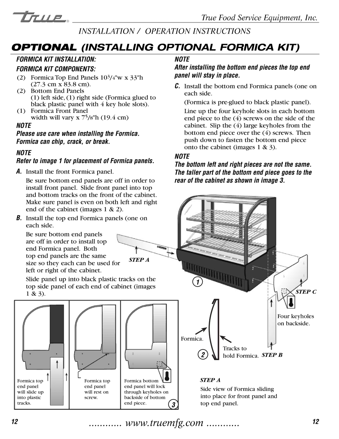 True Manufacturing Company TCGR-50-CD installation manual Optional Installing Optional Formica KIT 