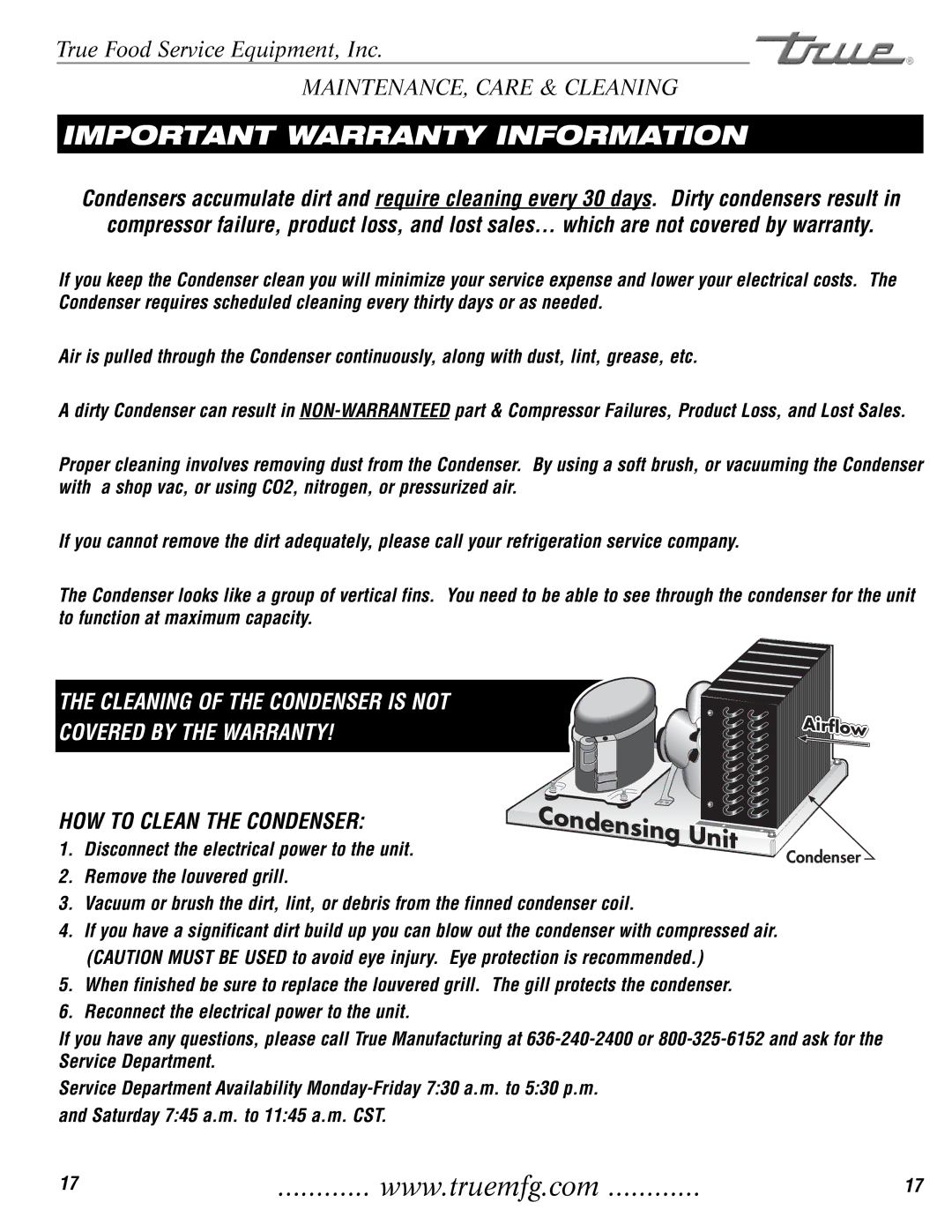 True Manufacturing Company TCGR-50-CD installation manual Important Warranty Information 