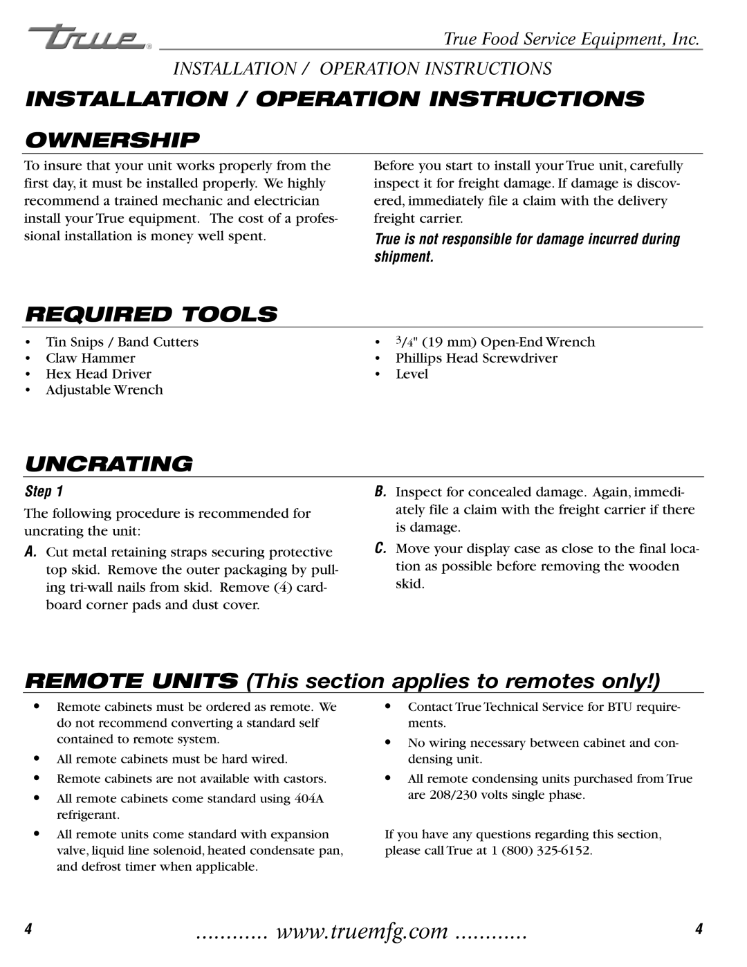 True Manufacturing Company TCGR-50-CD Installation / Operation Instructions Ownership, Required Tools, Uncrating, Step 