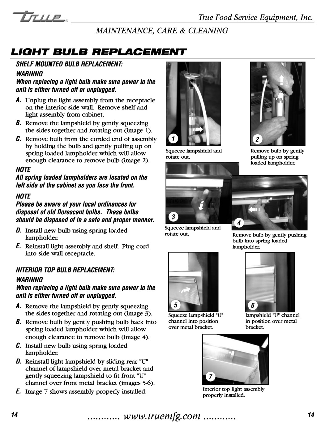 True Manufacturing Company TCGR-50-CD installation manual Light Bulb Replacement, Shelf Mounted Bulb Replacement 