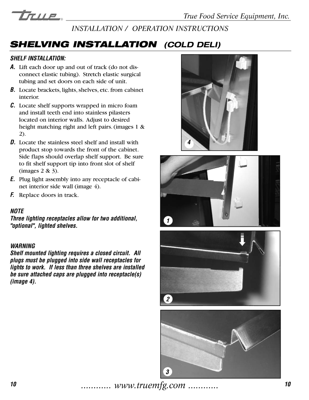 True Manufacturing Company TCGR-77 installation manual Shelving Installation Cold Deli 