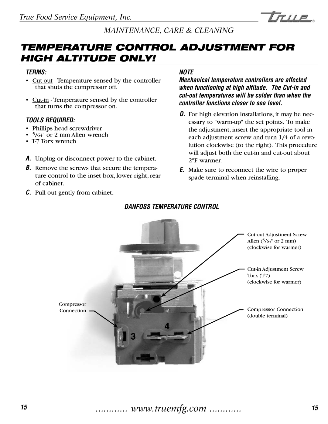 True Manufacturing Company TCGR-77 installation manual Temperature Control Adjustment for High Altitude only, Terms 