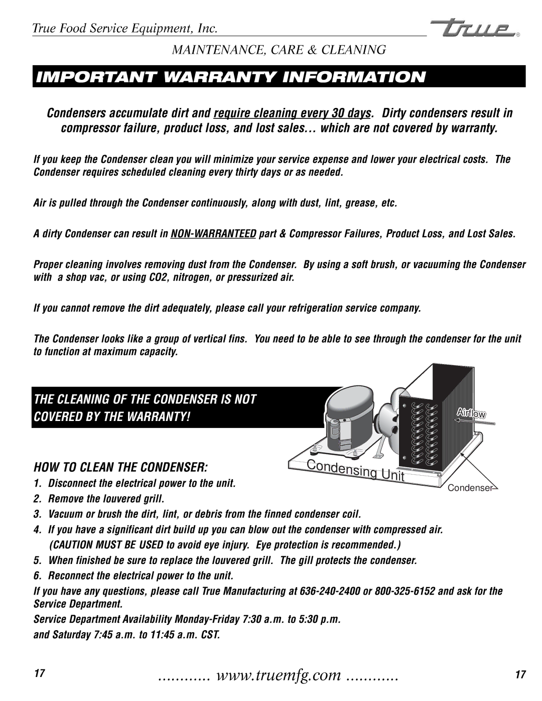 True Manufacturing Company TCGR-77 installation manual Important Warranty Information 