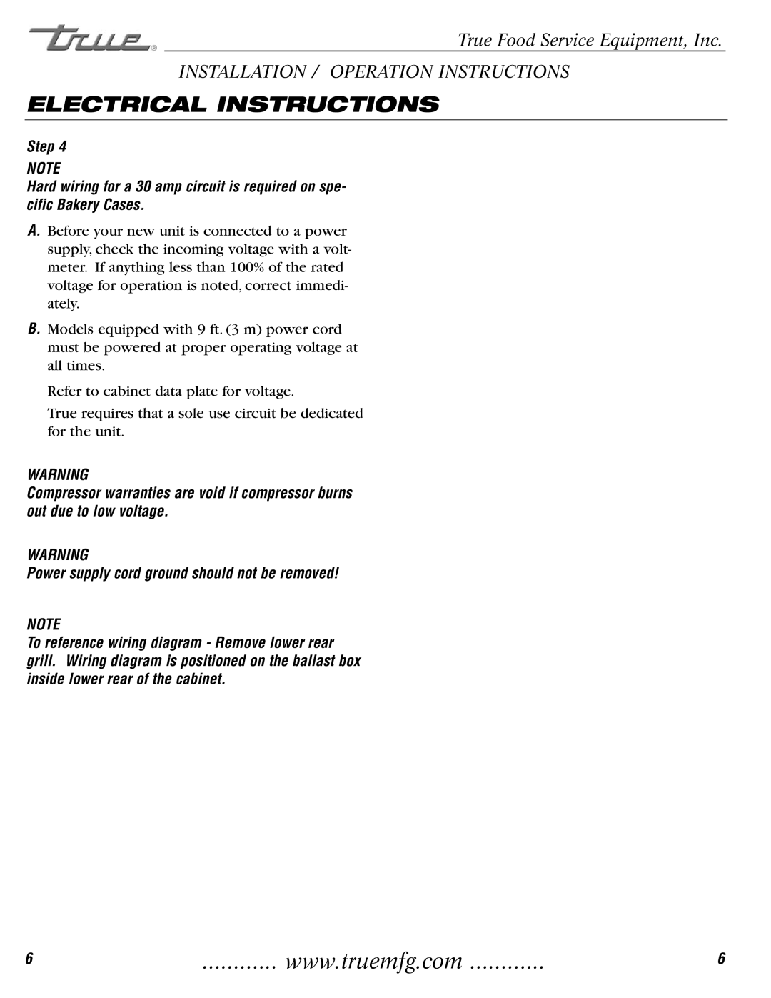 True Manufacturing Company TCGR-77 installation manual Electrical Instructions 