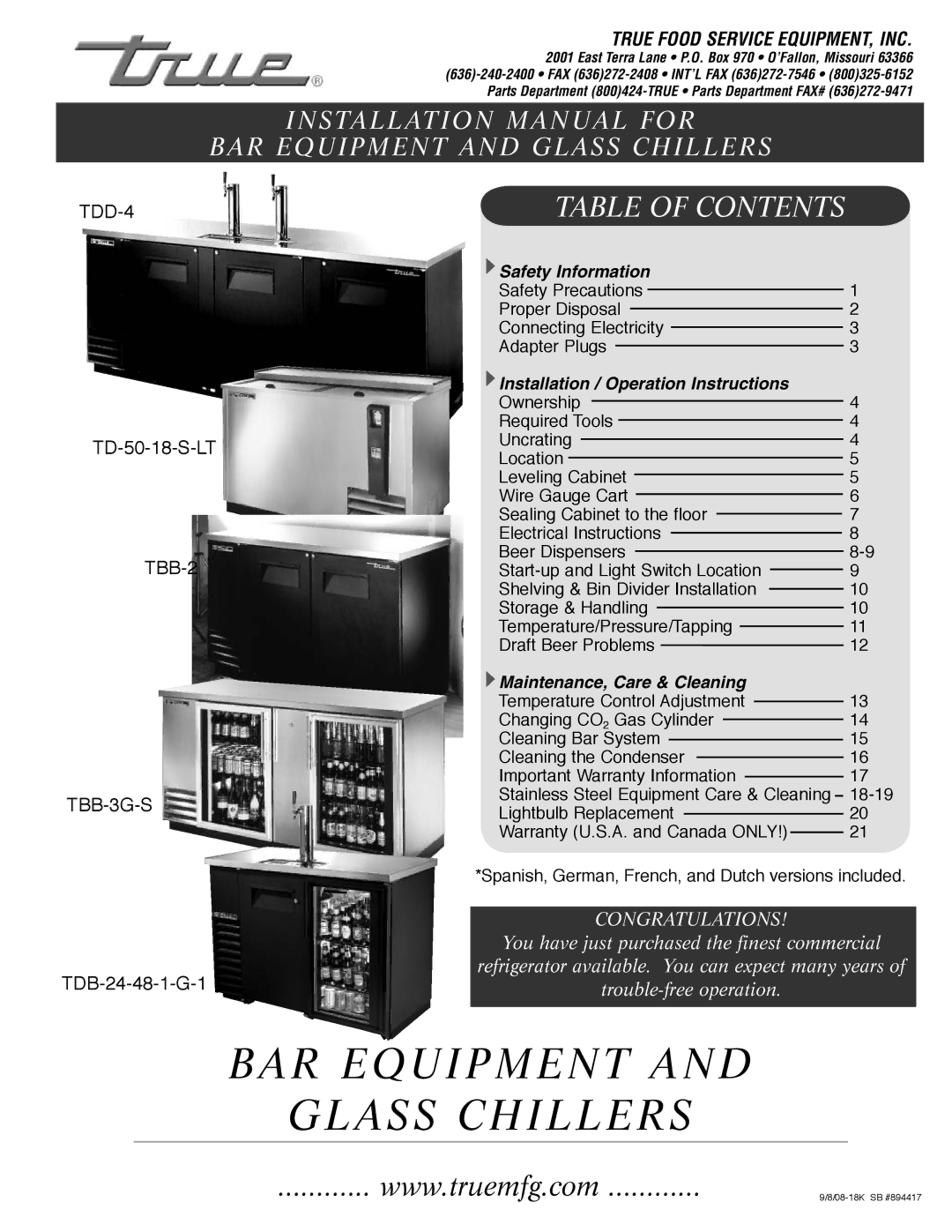 True Manufacturing Company TDD-4, TD-50-18-S-LT, TBB-2, TBB-3G-S installation manual BAR Equipment Glass Chillers 