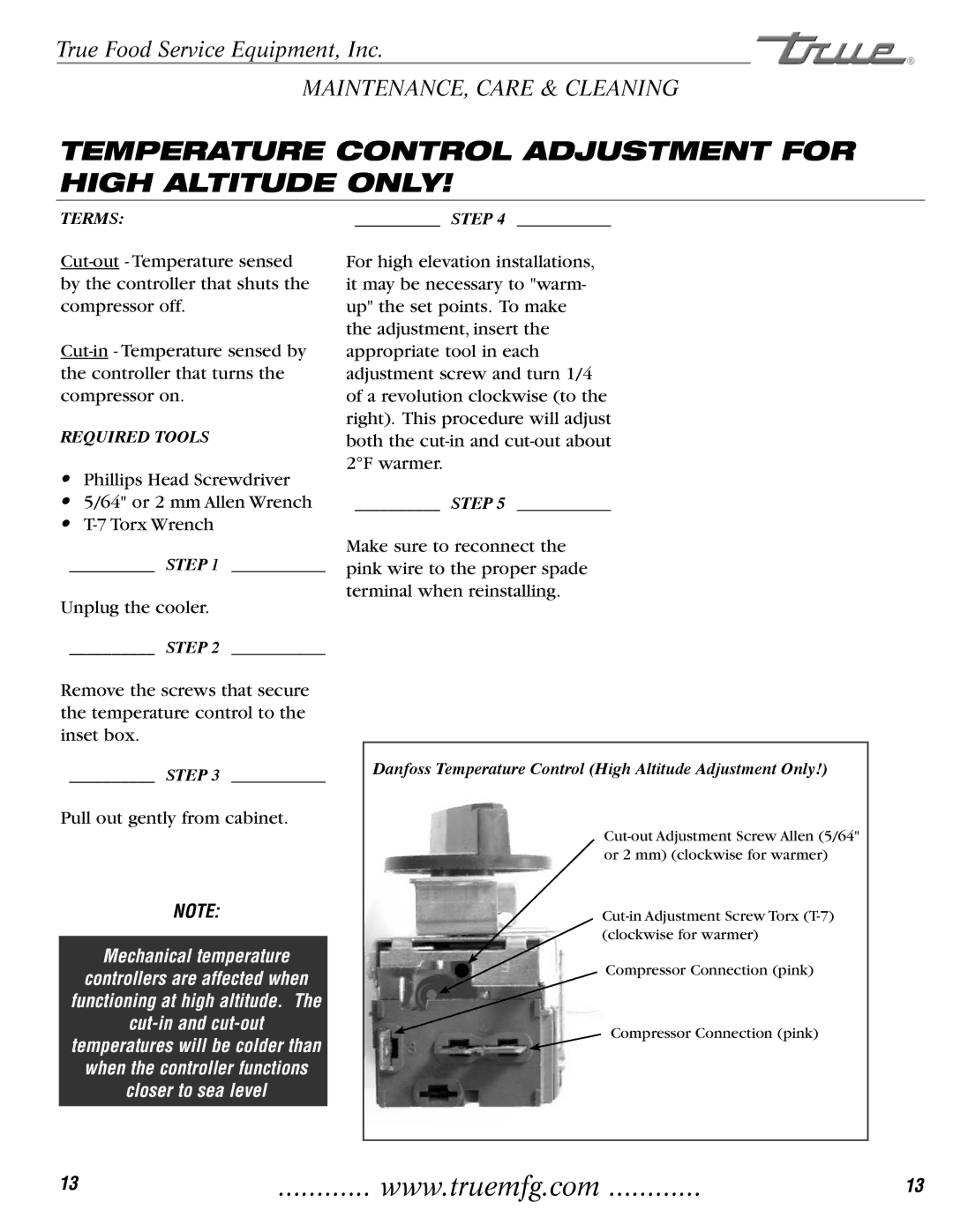 True Manufacturing Company TD-50-18-S-LT, TDD-4, TBB-2, TBB-3G-S Temperature Control Adjustment for High Altitude only 