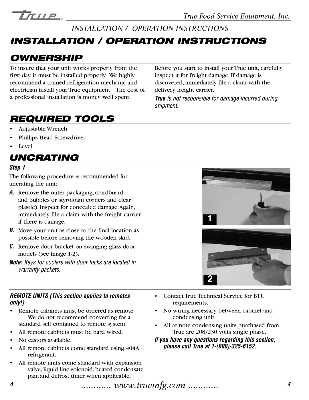 True Manufacturing Company TDD-4, TBB-2 Installation / Operation Instructions Ownership, Required Tools, Uncrating, Step 