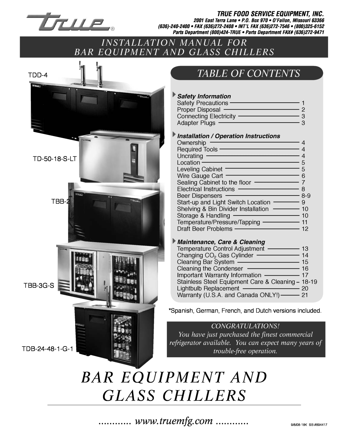 True Manufacturing Company TDD-4, TD-50-18-S-LT installation manual Bar Equipment And Glass Chillers, Table Of Contents 