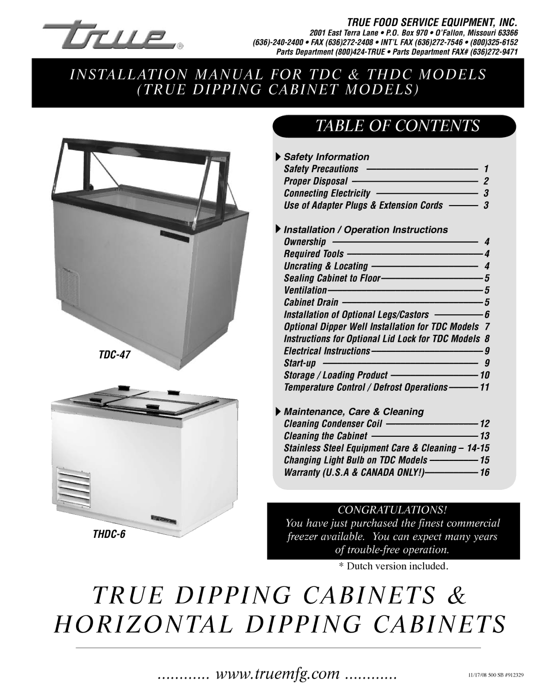 True Manufacturing Company THDC-6, TDC-47 installation manual True Dipping Cabinets Horizontal Dipping Cabinets 