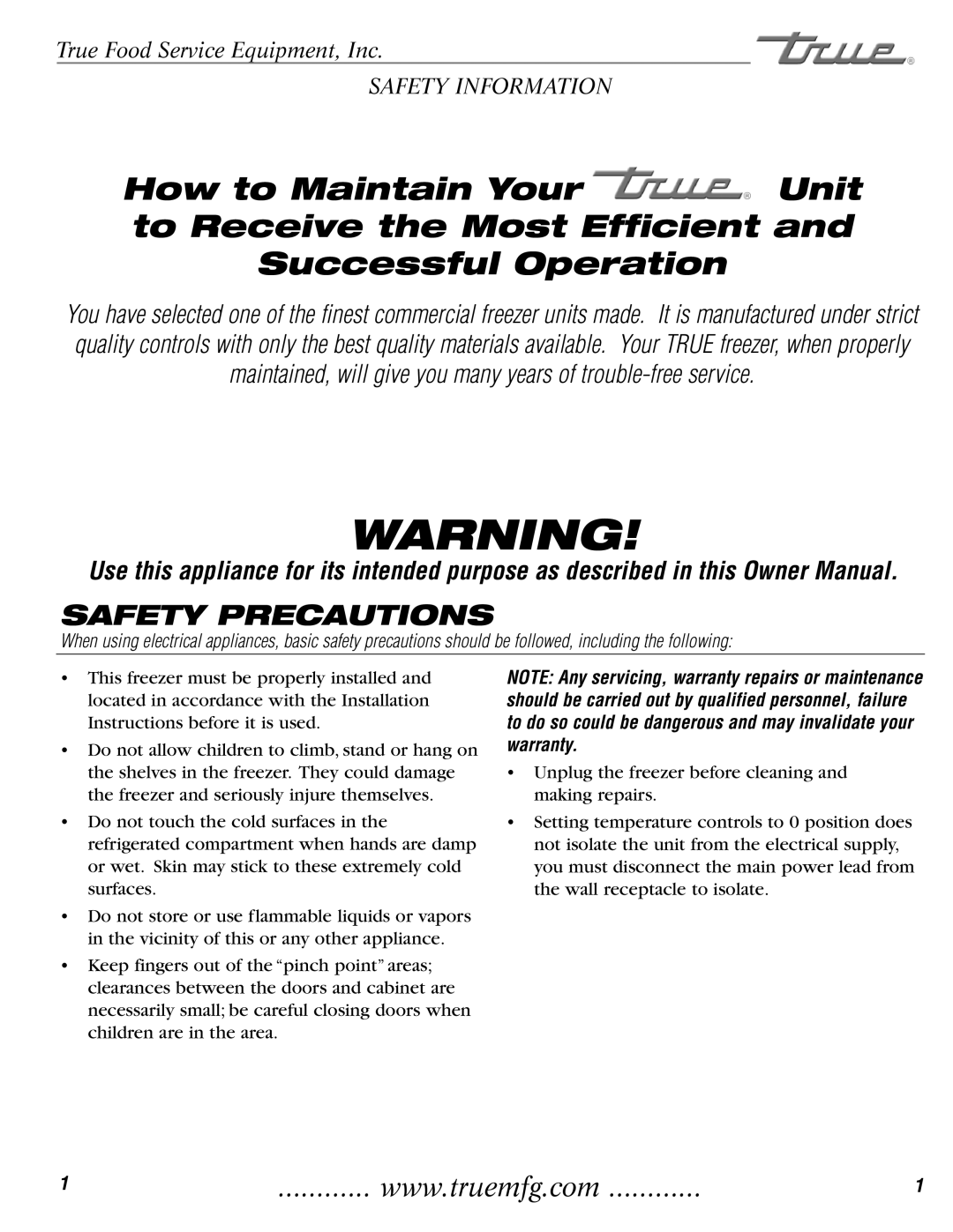 True Manufacturing Company THDC-6, TDC-47 installation manual Safety Precautions 