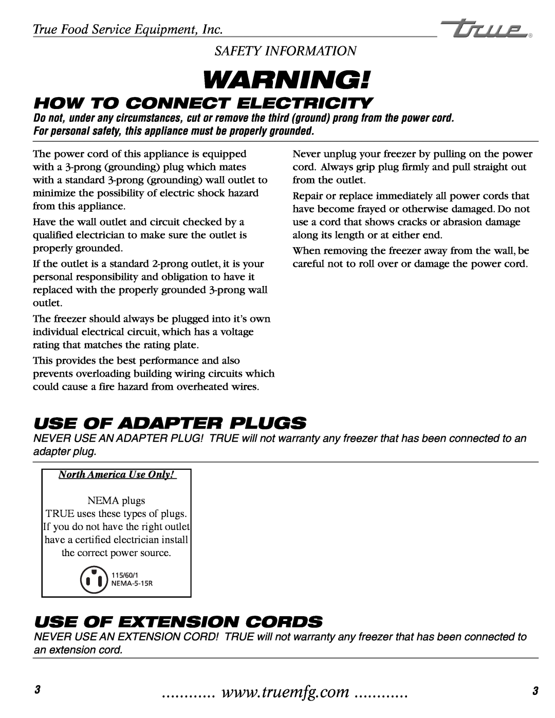 True Manufacturing Company THDC-6, TDC-47 Use Of Adapter Plugs, How To Connect Electricity, Use Of Extension Cords 