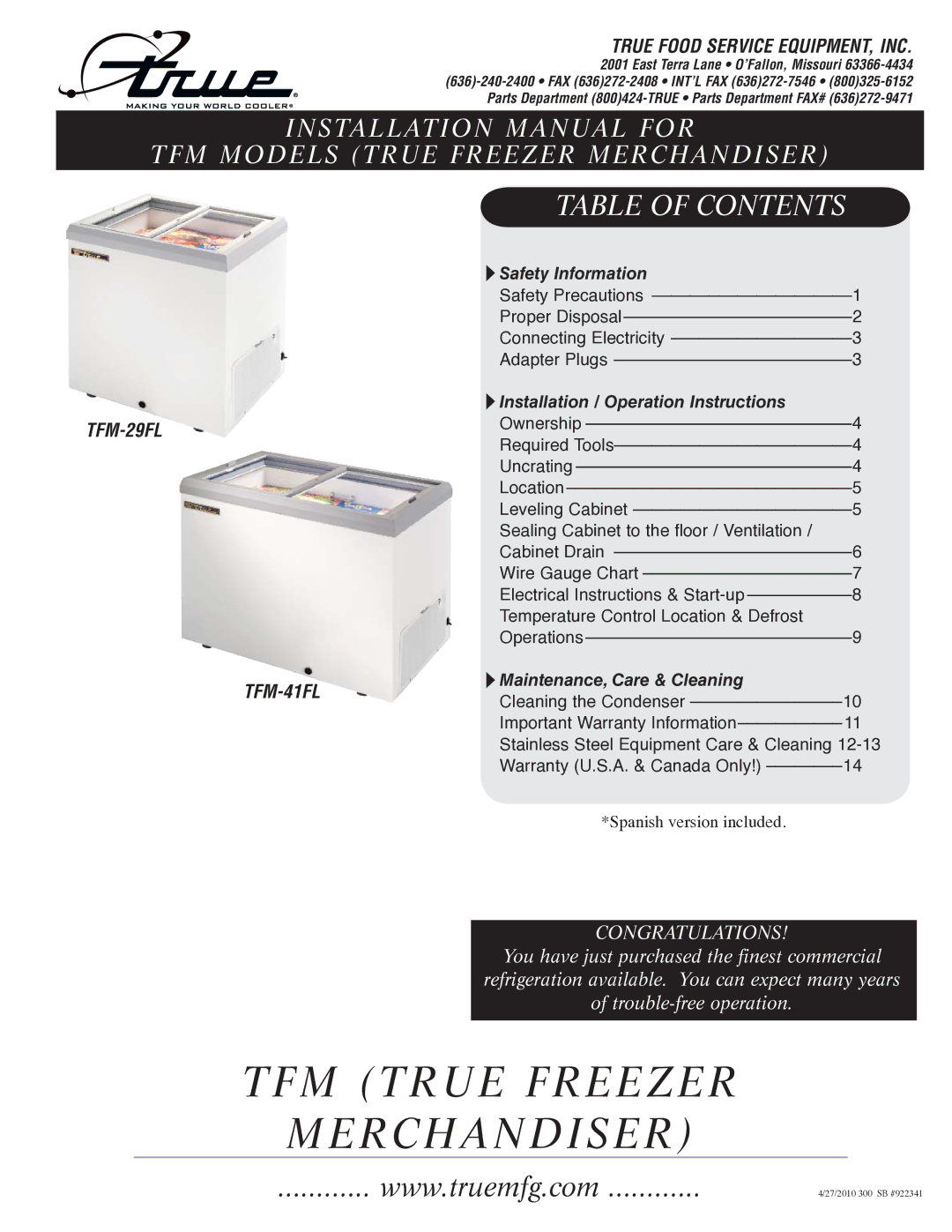 True Manufacturing Company 922341, TFM-41FL, TFM-29FL installation manual TFM True Freezer Merchandiser 