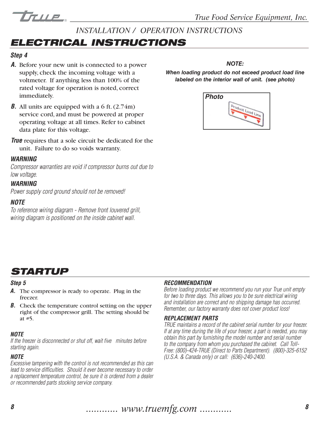 True Manufacturing Company 922341, TFM-41FL, TFM-29FL installation manual Electrical Instructions, Startup 