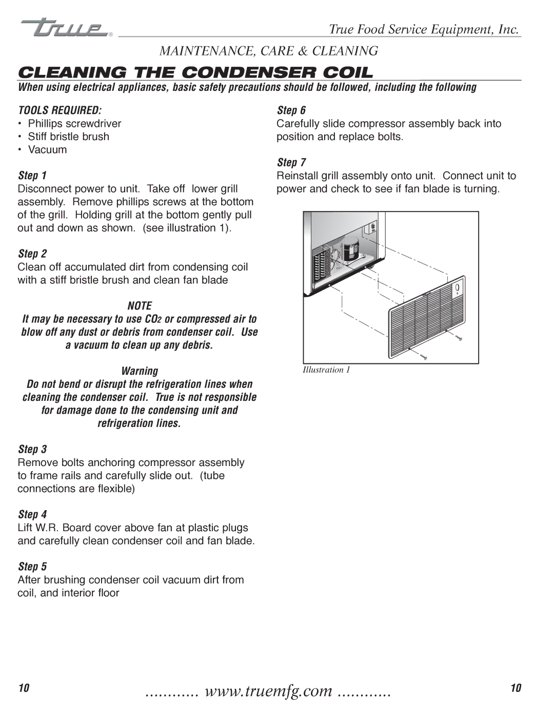 True Manufacturing Company TFM-41FL, 922341, TFM-29FL installation manual Cleaning the Condenser Coil, Tools Required 