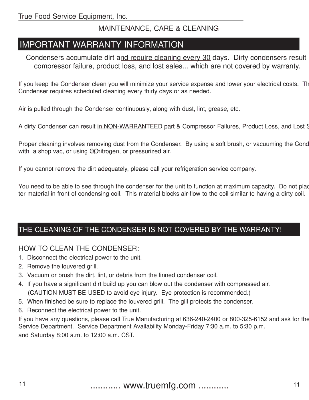 True Manufacturing Company 922341, TFM-41FL, TFM-29FL installation manual Important Warranty Information 