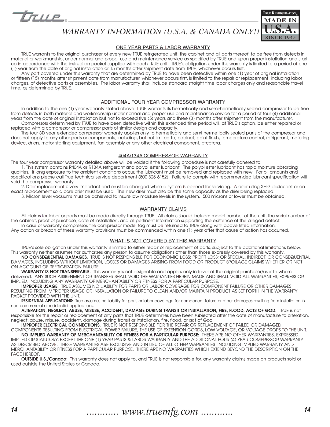 True Manufacturing Company 922341, TFM-41FL, TFM-29FL installation manual Warranty Information U.S.A. & Canada ONLY! U.S.A 