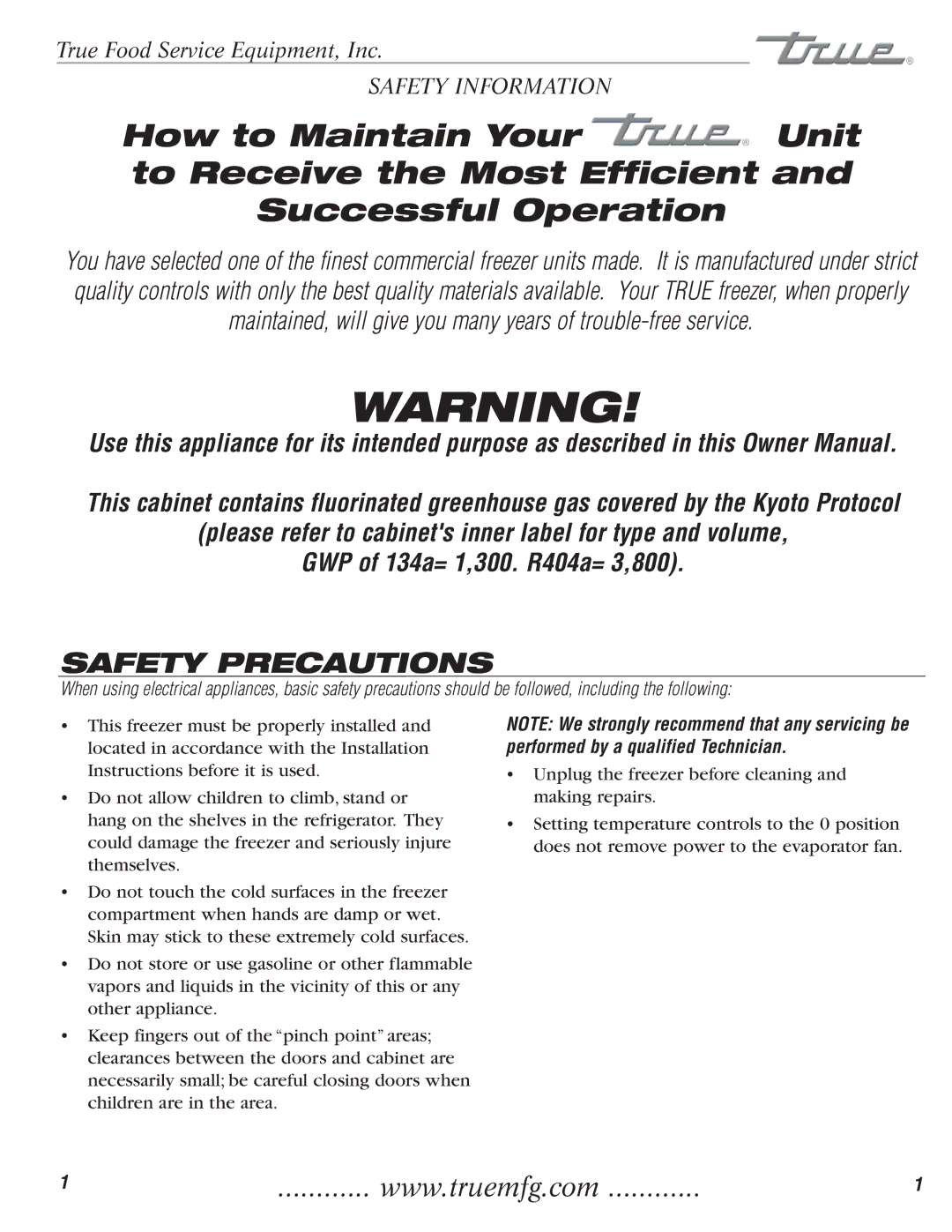 True Manufacturing Company TFM-41FL, 922341, TFM-29FL installation manual Safety Precautions 