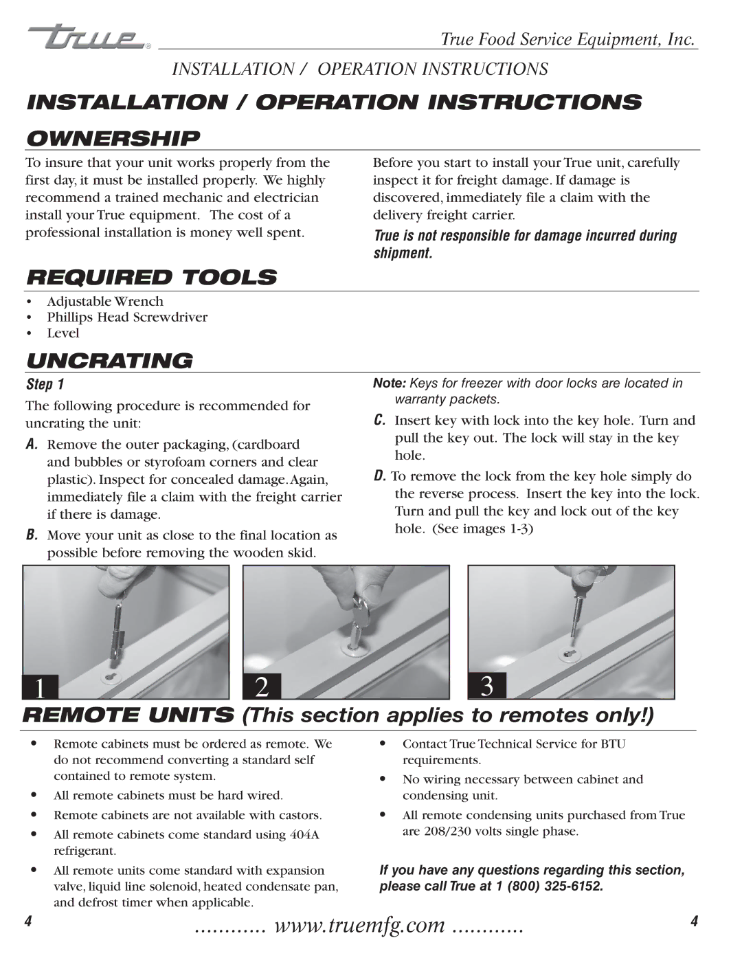 True Manufacturing Company TFM-41FL, 922341 Installation / Operation Instructions Ownership, Required Tools, Uncrating 