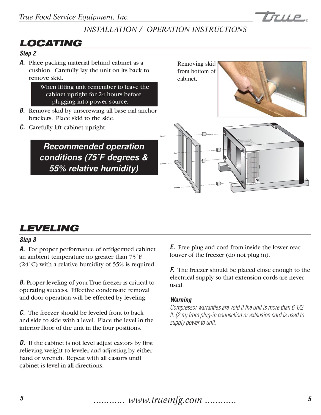 True Manufacturing Company 922341, TFM-41FL, TFM-29FL installation manual Locating, Leveling 