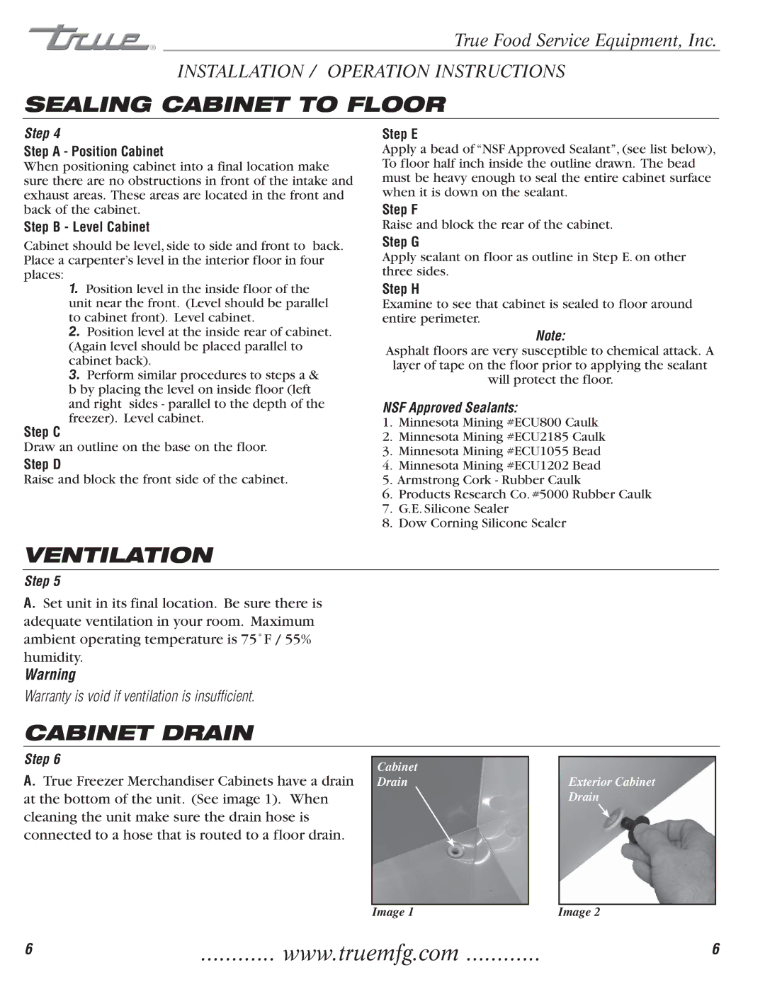 True Manufacturing Company TFM-29FL, TFM-41FL, 922341 Sealing Cabinet to Floor, Ventilation, Cabinet Drain 