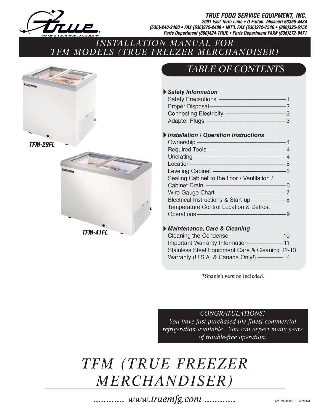 True Manufacturing Company 922341 installation manual Tfm True Freezer Merchandiser, Table Of Contents, Congratulations 
