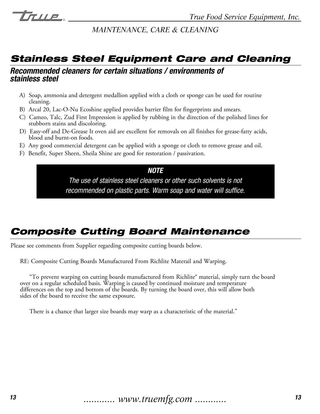 True Manufacturing Company TFP-32-12M-D-2 installation manual Composite Cutting Board Maintenance 