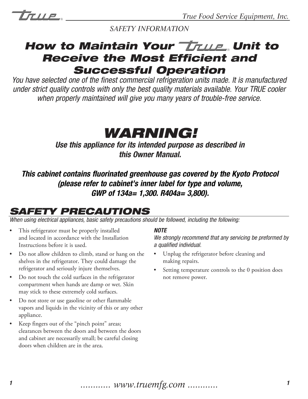 True Manufacturing Company TFP-32-12M-D-2 installation manual Safety Precautions 