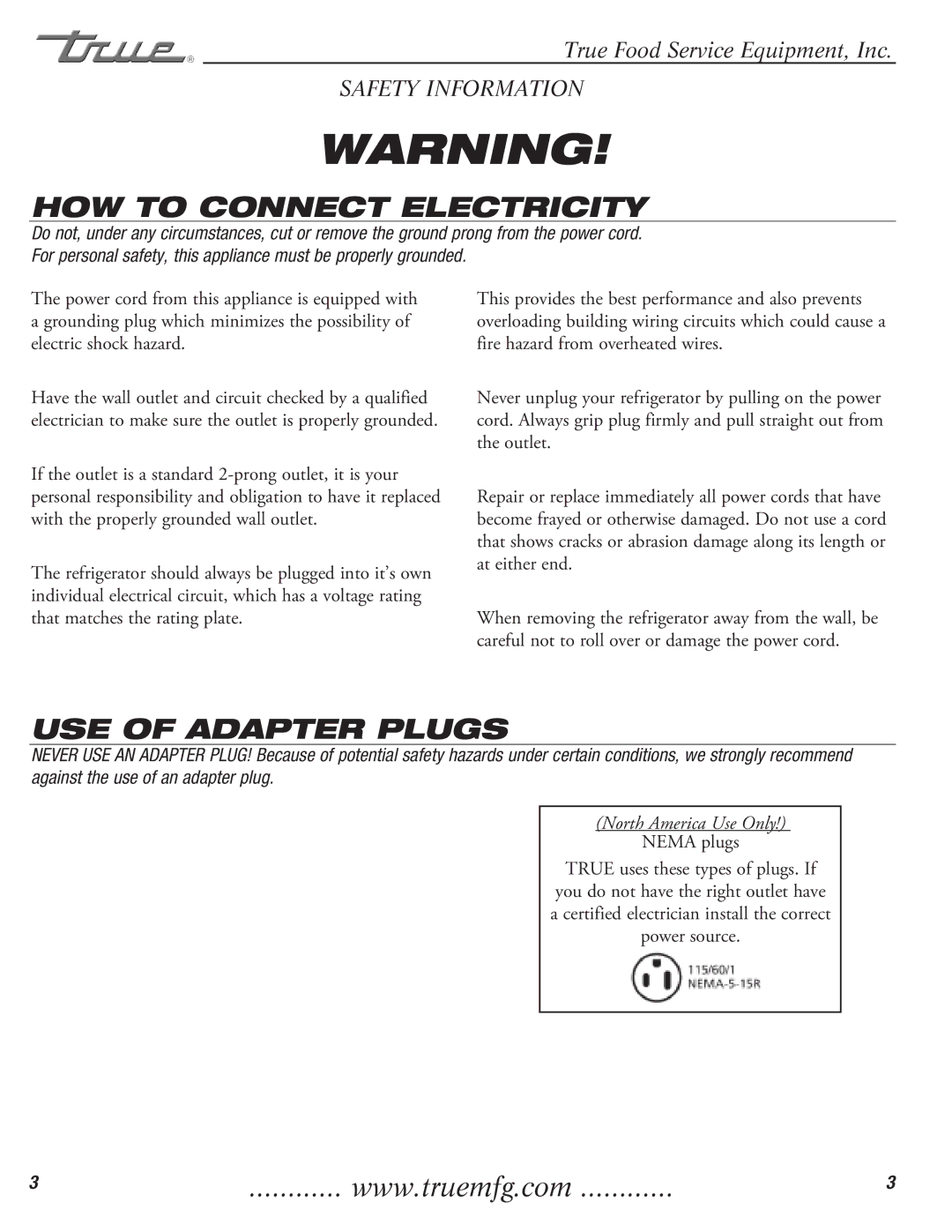 True Manufacturing Company TFP-32-12M-D-2 installation manual HOW to Connect Electricity 