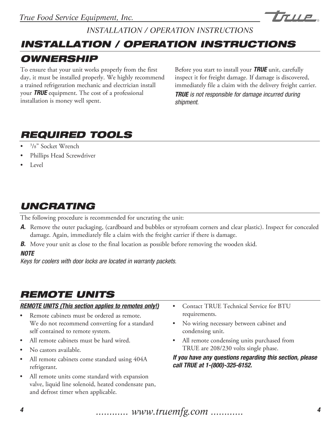 True Manufacturing Company TFP-32-12M-D-2 Installation / Operation Instructions Ownership, Required Tools, Uncrating 