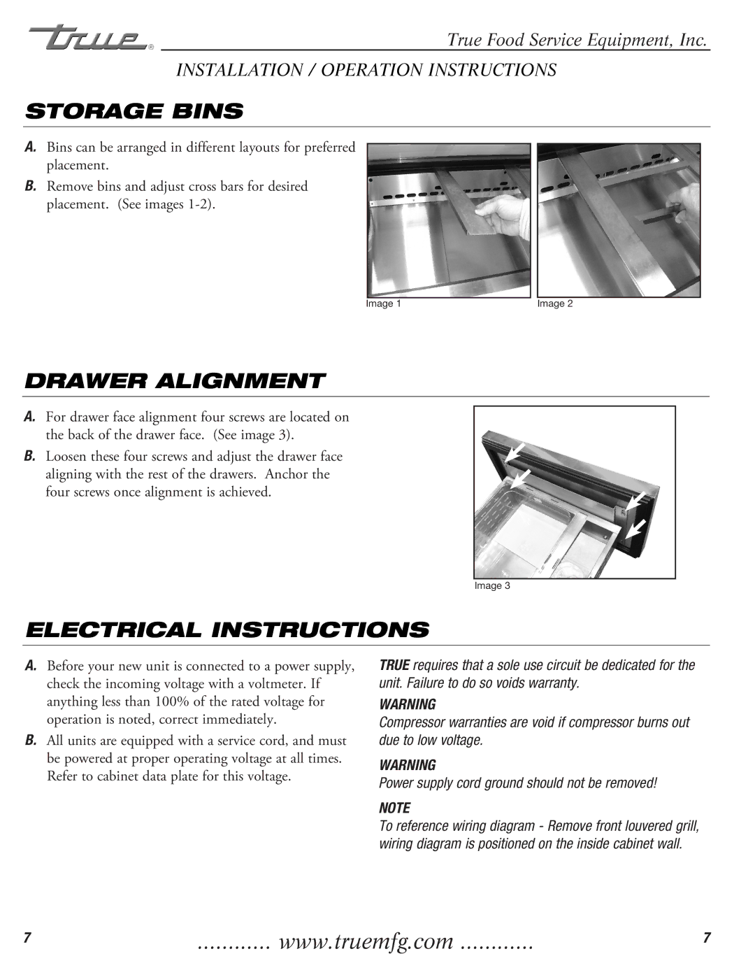 True Manufacturing Company TFP-32-12M-D-2 installation manual Storage Bins, Drawer Alignment, Electrical Instructions 