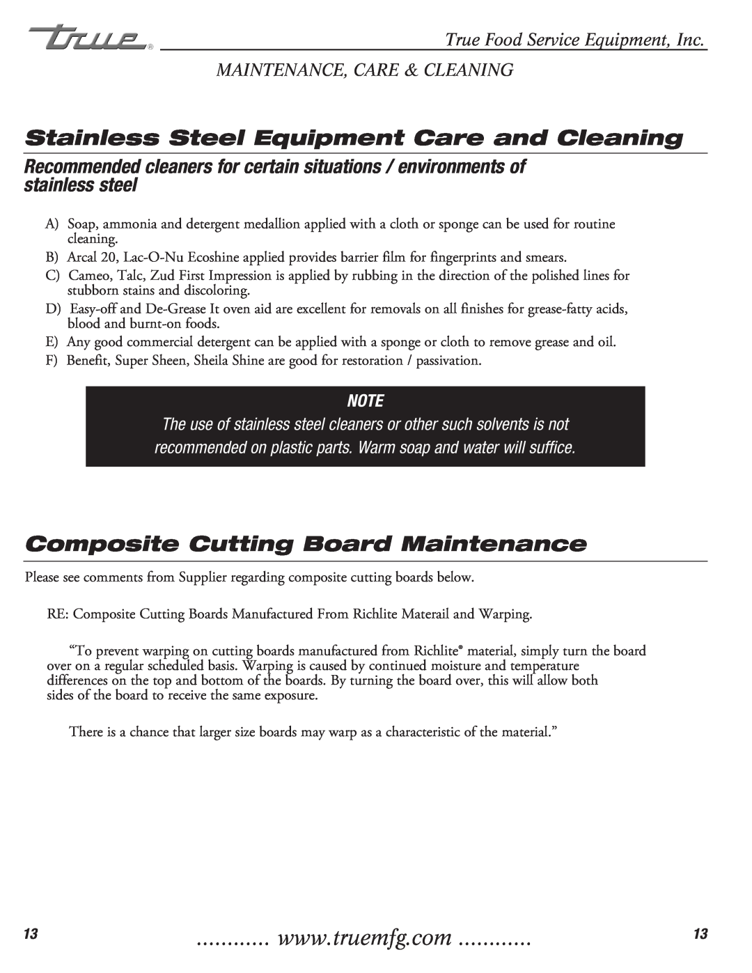 True Manufacturing Company TFP-32-12M-D-2 Composite Cutting Board Maintenance, Stainless Steel Equipment Care and Cleaning 