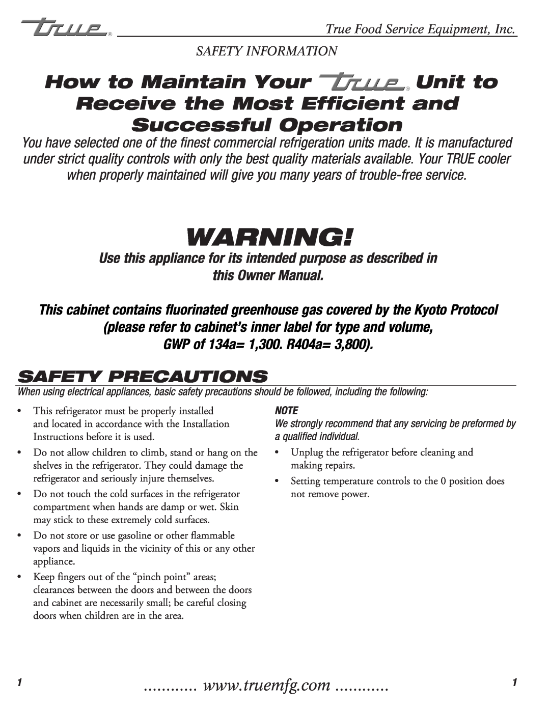 True Manufacturing Company TFP-32-12M-D-2 Safety Precautions, Use this appliance for its intended purpose as described in 