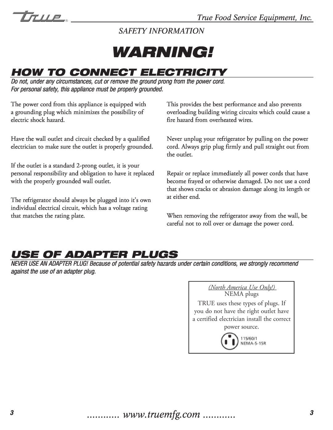 True Manufacturing Company TFP-32-12M-D-2 How To Connect Electricity, Use Of Adapter Plugs, North America Use Only 